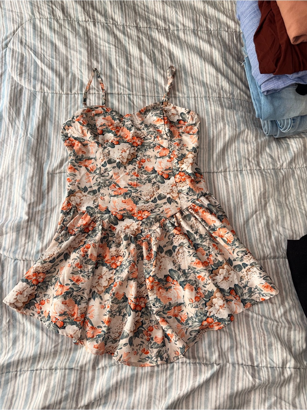 SHEIN Cream Floral Mini Dress with Orange & Green Accents